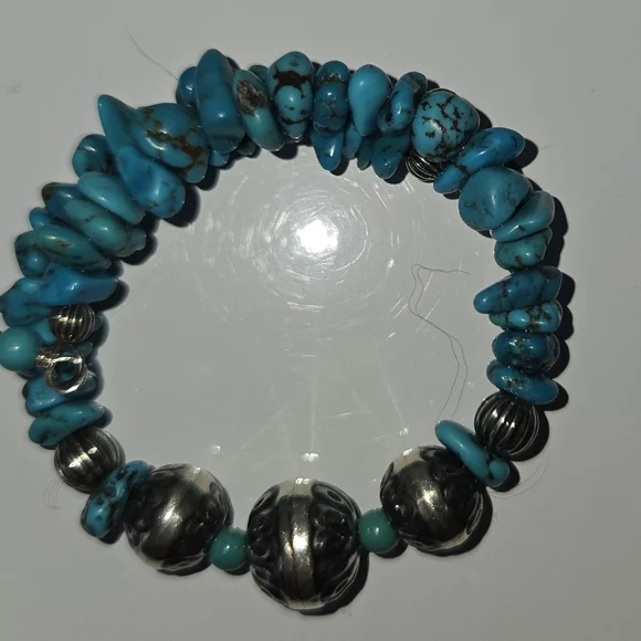 Turquoise and Silver Beaded Coil Bracelet - Picture 2 of 3